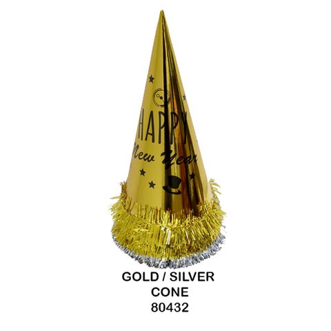 Hat: Happy New Year Cone Hat Gold/Silver (12CT) - 80432
